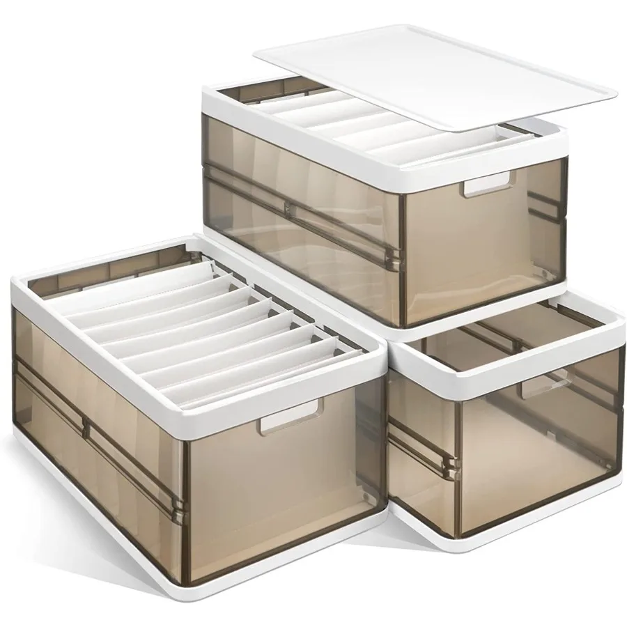 

3 Pack Foldable Storage Bin with Lid Stackable Plastic Closet Organizer with Handle Divider Collapsible Drawer Organizer for To