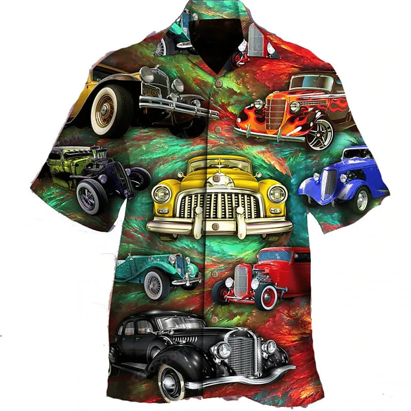 Hawaiian Shirt Car 3d Printed Shirts Men's Women's Beach Blouse Men's Vocation Lapel Shirts Cuba Camisas Men's Clothing