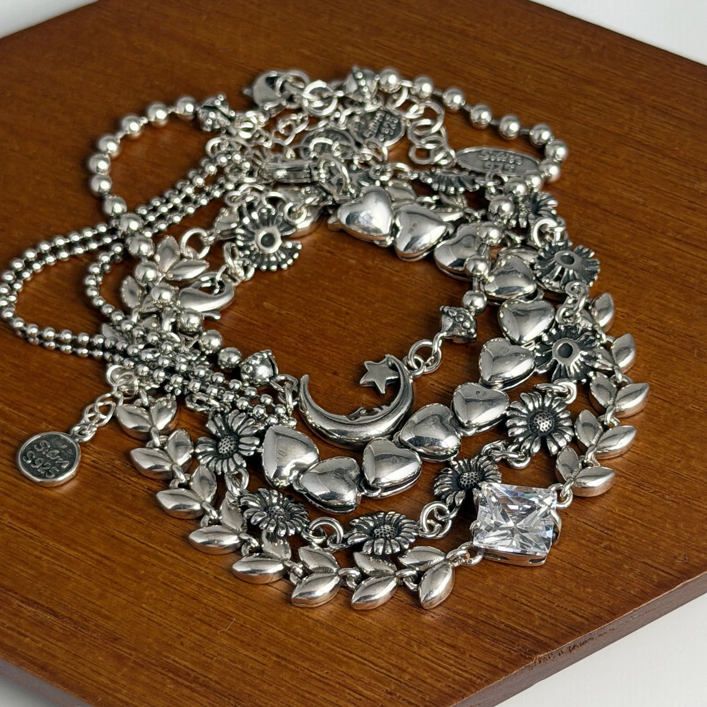 100% Solid 925 Sterling Silver Metal Bracelet for Women Vintage Handmade Simple Retro Leaf Shape Bracelet Birthday Gift Party