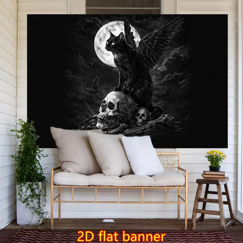 Large Gothic Moon Raven Skull Wall Tapestry Hanging Art Decoration Dark Academia Creature Mythology Style Abstract Print Decor f