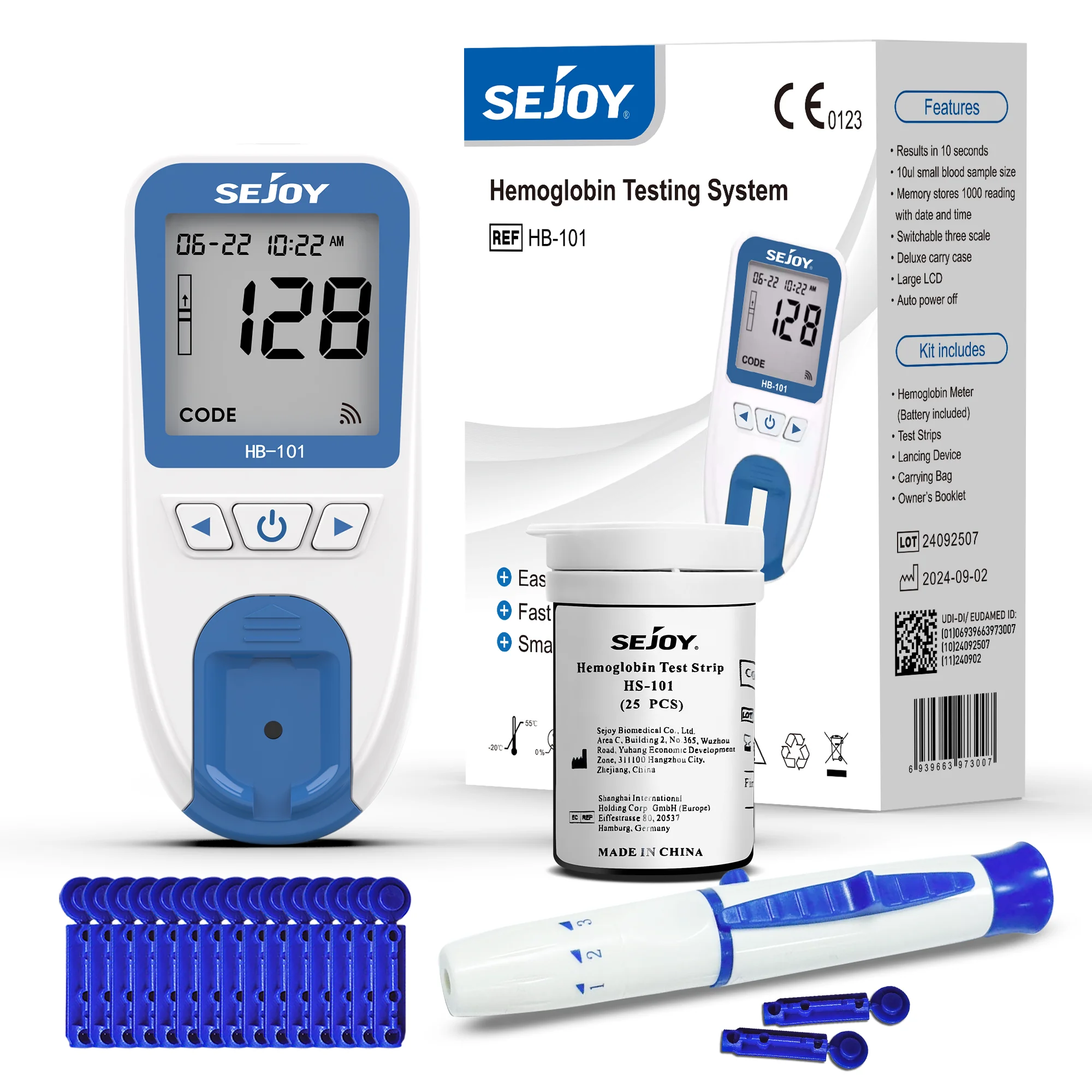 Analyseur d'hémoglobine portable professionnel, testeur d'anémie, écran LCD, analyseur de sang pour usage domestique et clinique, dispositif médical CE, bandelettes de test individuelles en option