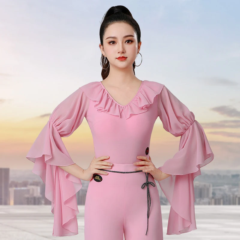 

New Latin Dance Tops For Women Long Sleeved Ruffle Edge Jumpsuit Practice Clothes Chacha Rumba Tango Latin Dance Wear DN20591