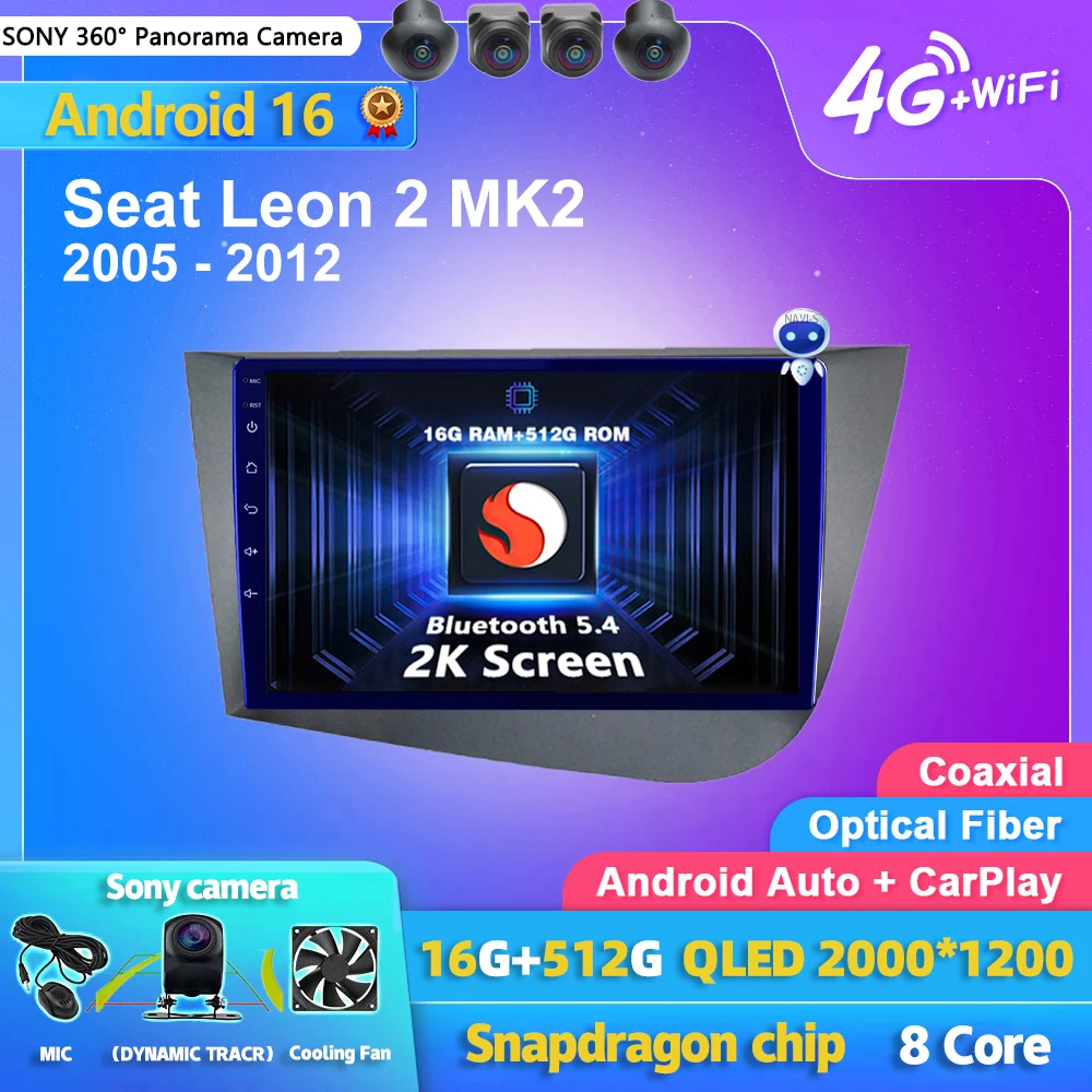 Radio para Auto con Android 16, Carplay, Pantalla 2K, Reproductor Multimedia BT para Seat Leon 2 MK2 2005 - 2012, Autoradio Estéreo 2din, Unidad Principal