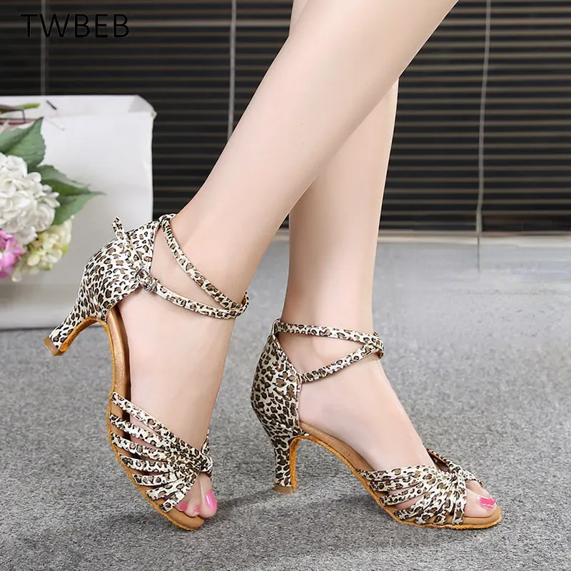 Hot Sale Women Latin Dance Shoes Dark Tan Satin Soft Leather Sole Ladies Ballroom Dances Shoes Sandal 7cm Heel