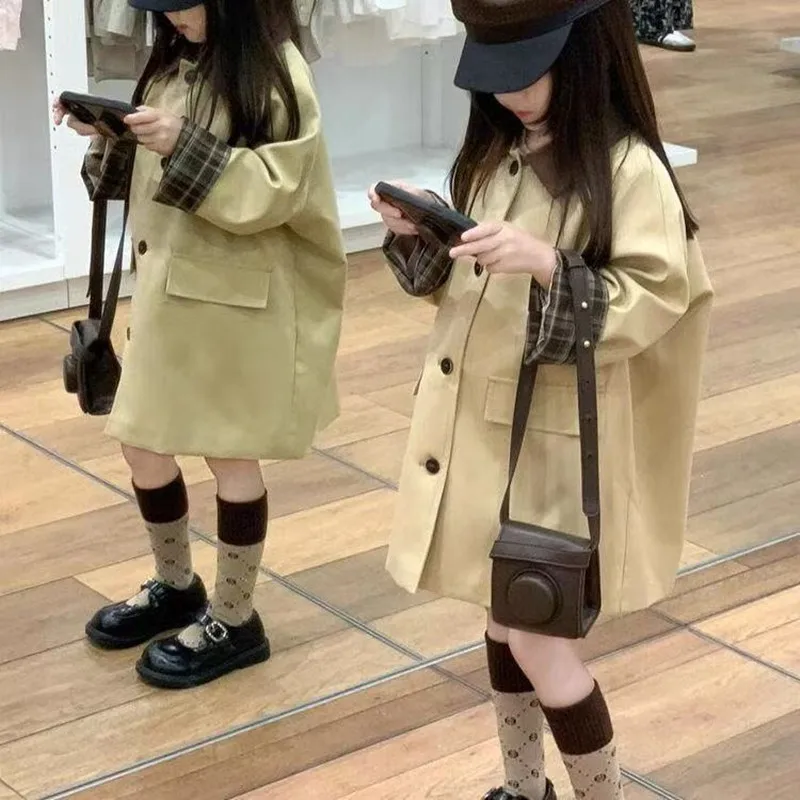 

Spring Autumn Girls Trench Coat 2025 New Korean Version Design Children's Flip Collar Casual Medium length Windbreaker 100-150CM