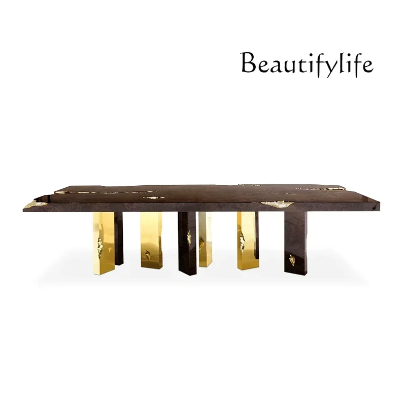 N Italian light luxury high-end rectangular solid wood dining table modern home luxury high-end stainless steel round dining tab