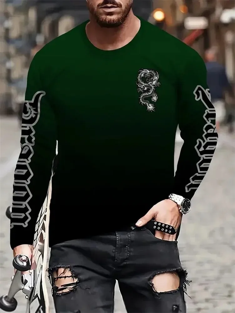 

Men's Autumn Simple 3d Printed Dragon-Turning Fashion Round-Neck Long-Sleeved Casual Loose-Weaved Breathable Creative T-Shirt