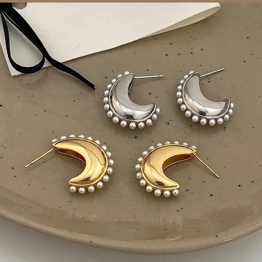 

Real 925 Sterling Silver Pearl Moon Stud Earrings for Women Party Vintage Personality Fine Jewelry Minimalist Accessories