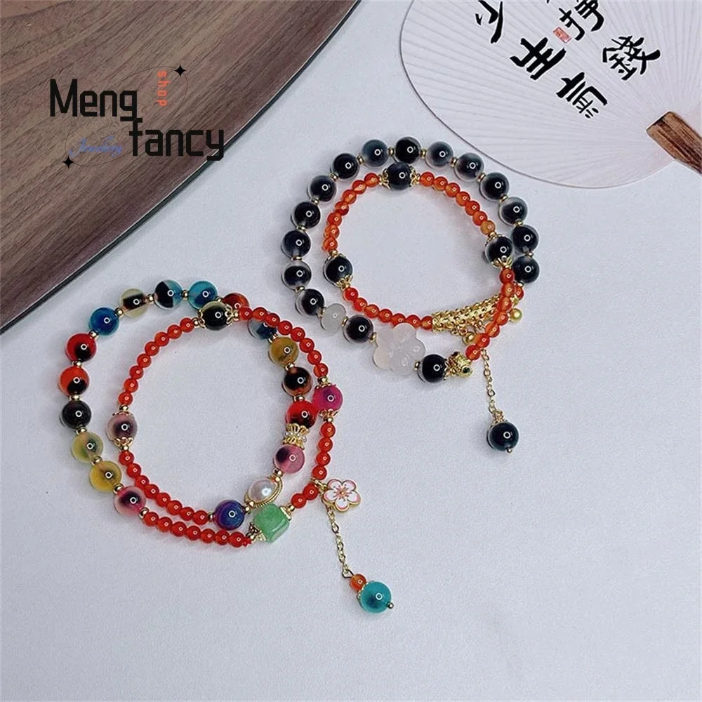 

New Double Circle Color Sweet Heart Agate Bracelet Female Super Fairy National Romantic Su Flower Luxury Quality Fashion Jewelry