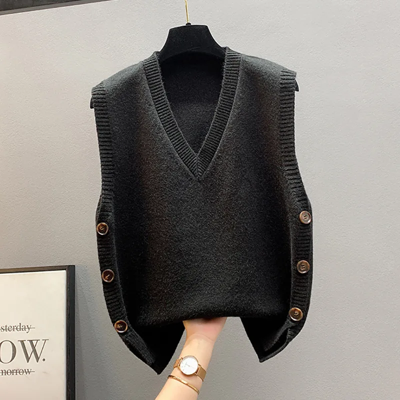 Autumn Winter Solid Color V-neck Knit Vest Women Loose Lazy Style Sleeveless Tank Top Student Waistcoat Clothing Accessories