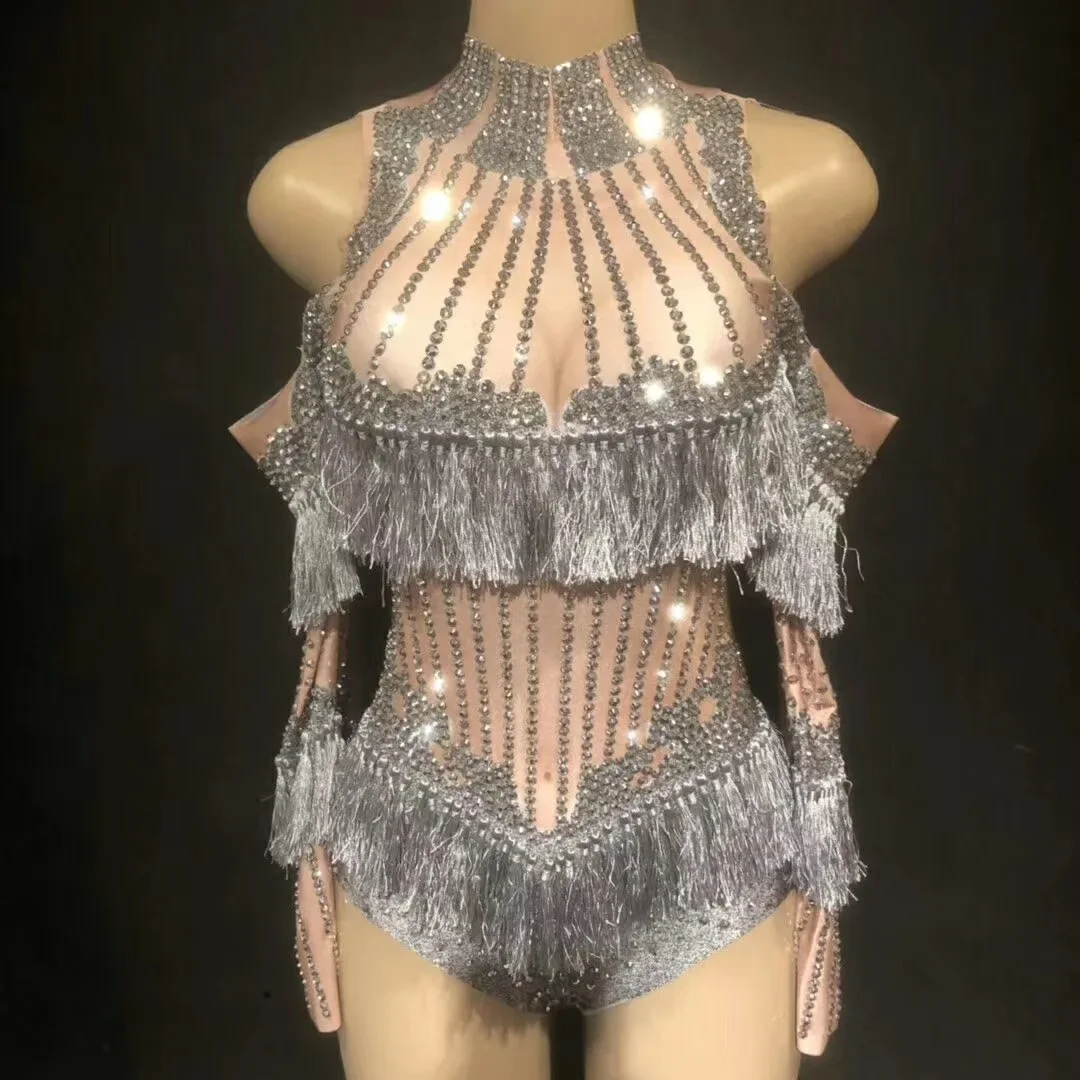 Bodysuits sem ombro com strass brilhante, manga comprida, borla prateada brilhante, leotard cinza, dança noturna, DS Show, roupa de palco