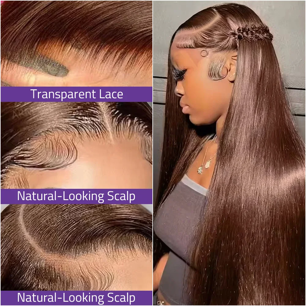 باروكة دانتيل مستقيمة على شكل عظمة بنية الشوكولاتة (13 × 4 و13 × 6 عالي الدقة بدانتيل أمامي شفاف)، باروكة شعر بشري برازيلية مقاس 36 بوصة للنساء.