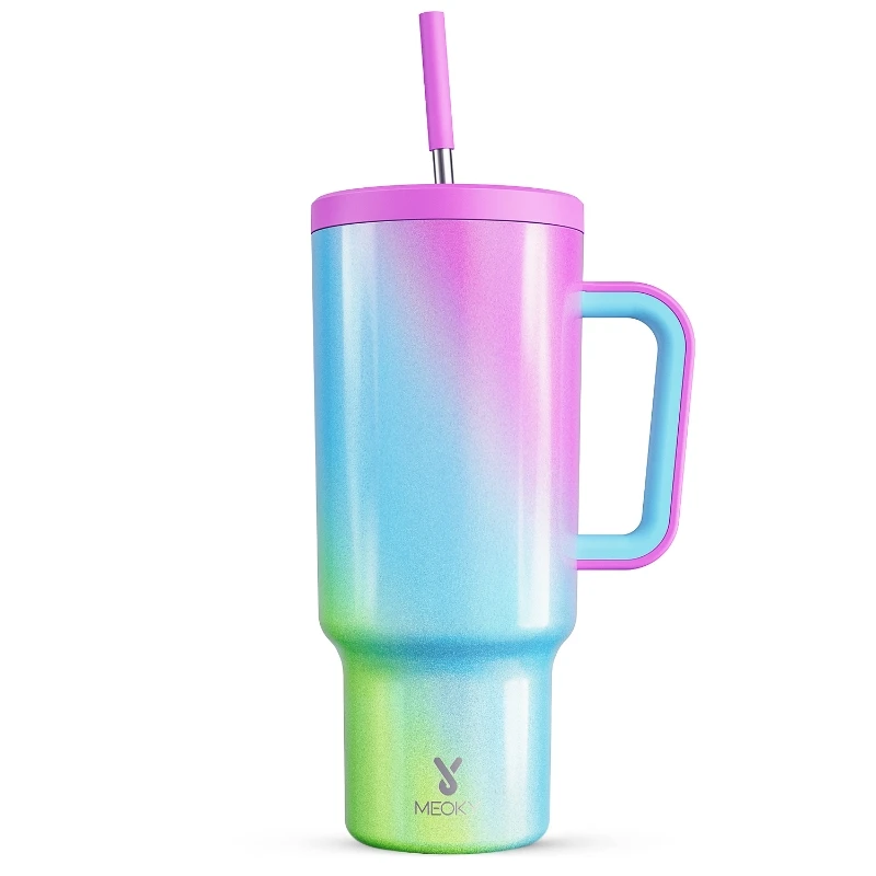 Meoky Gradient style Tumbler with Handle Straw Lid Stainless Steel 40oz Vacuum Insulated Car Mug Double Wall Thermal Iced Travel