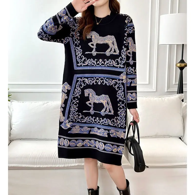 Vestidos de punto de tejido Jacquard para mujer, manga larga, vestido inferior femenino hasta la rodilla, negro, alta calidad, nueva moda, 2024