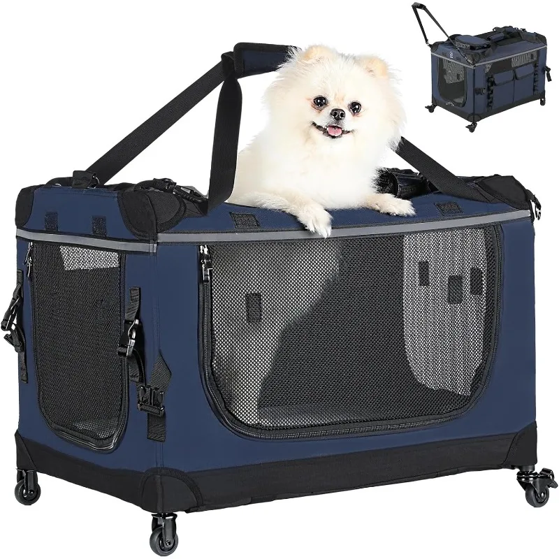

24IN Soft Collapsible Dog Crate w Detachable Wheels, Rolling Travel Dog Crate for Small Breed Dogs, Portable Dog Kennel with