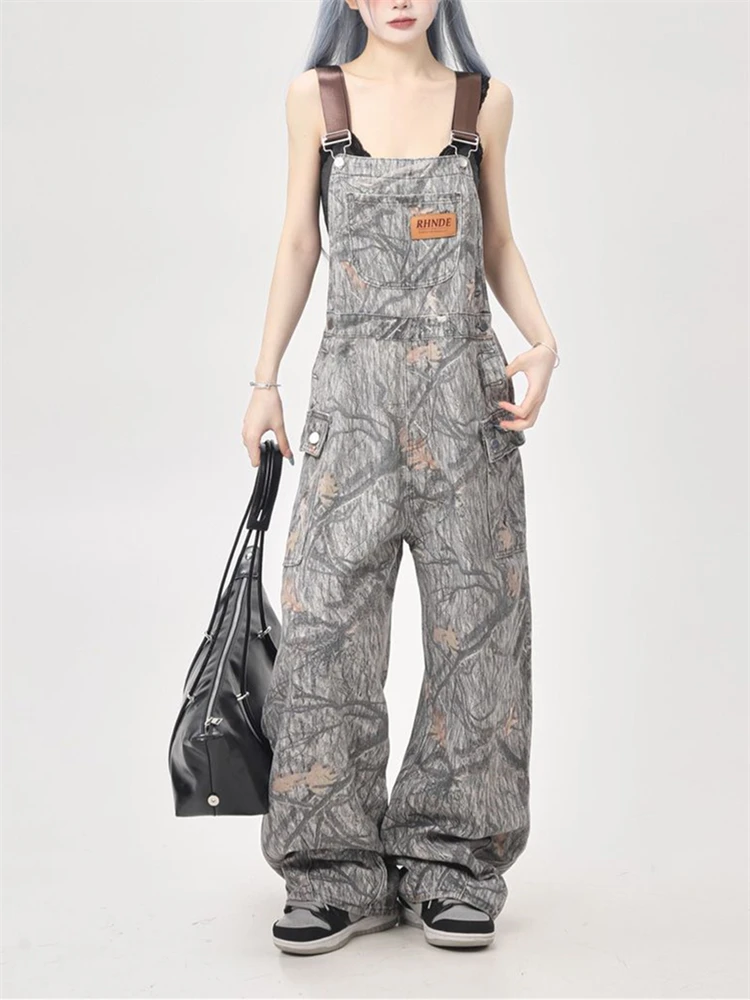 Women's Tree Branch Camouflage Suspender Jumpsuits Fashion Wide Leg Pants Streetwear Rompers Female Casual Straight Trouser