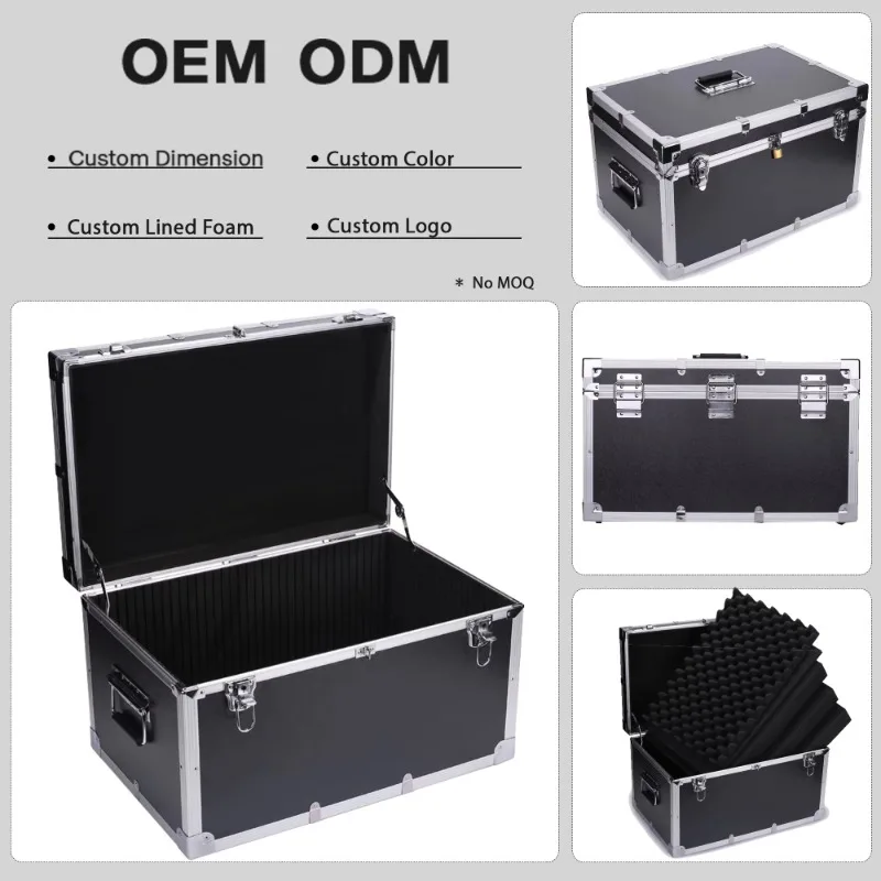Custom-sized large aluminum equipment shipping boxes with foam and pad locks