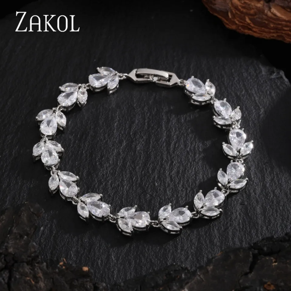 ZAKOL Exquisite Shiny Flowers Cubic Zirconia Bracelet Bangle for Women Silver Color Engagement Wedding Fashion Jewelry