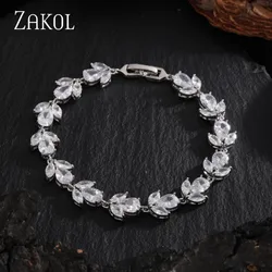 ZAKOL Exquisite Shiny Flowers Cubic Zirconia Bracelet Bangle for Women Silver Color Engagement Wedding Fashion Jewelry