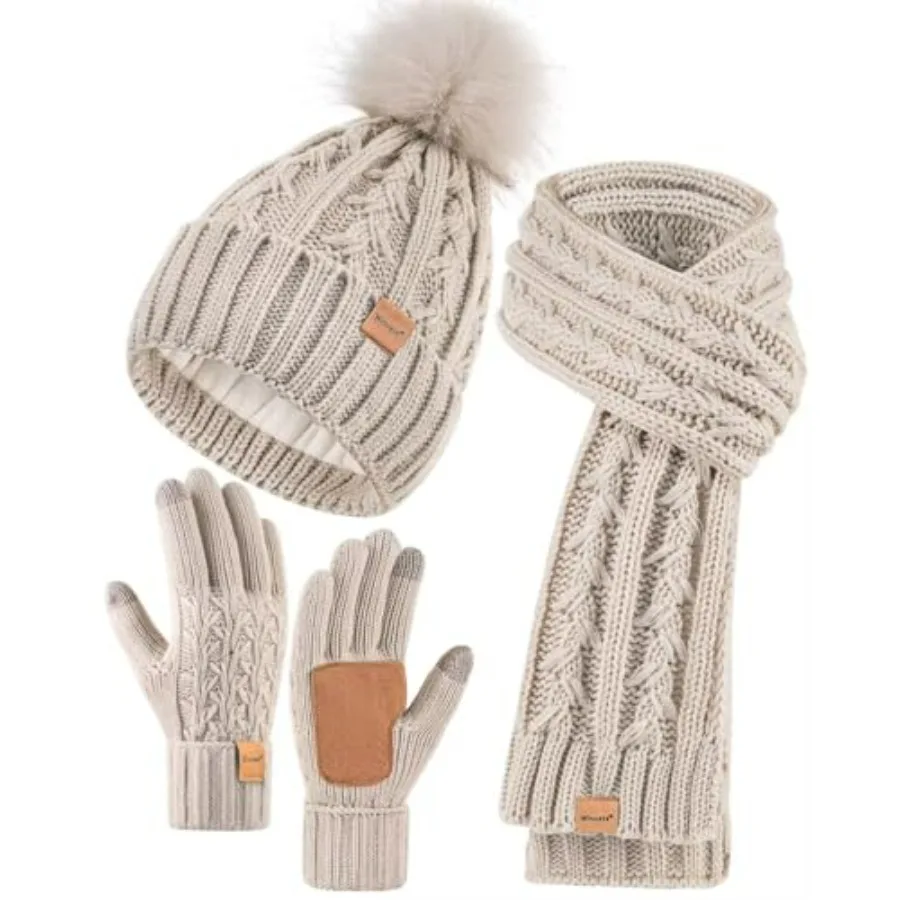 

Womens Beanie Hat Scarf Gloves Set, Fleece Lined Winter Hat with Pom Pom, Long Knit Scarf Touchscreen Gloves for Cold Weather