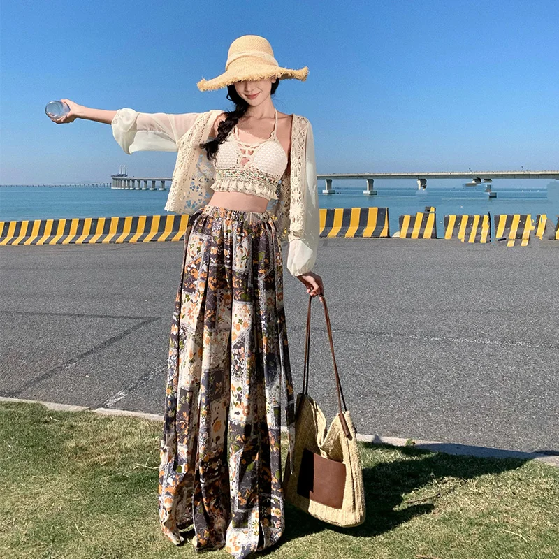 Conjunto de calças largas para praia, proteção solar, ajuste solto, calças compridas, cintura elástica, fibra de poliéster, calças casuais