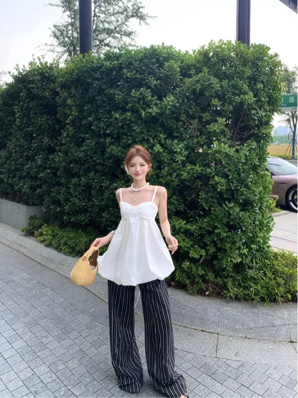 

Korean Sweet Flower Bud Strap Knot Top Summer New Slimming Beautiful Back Vest Cute Sleeveless Doll Shirt