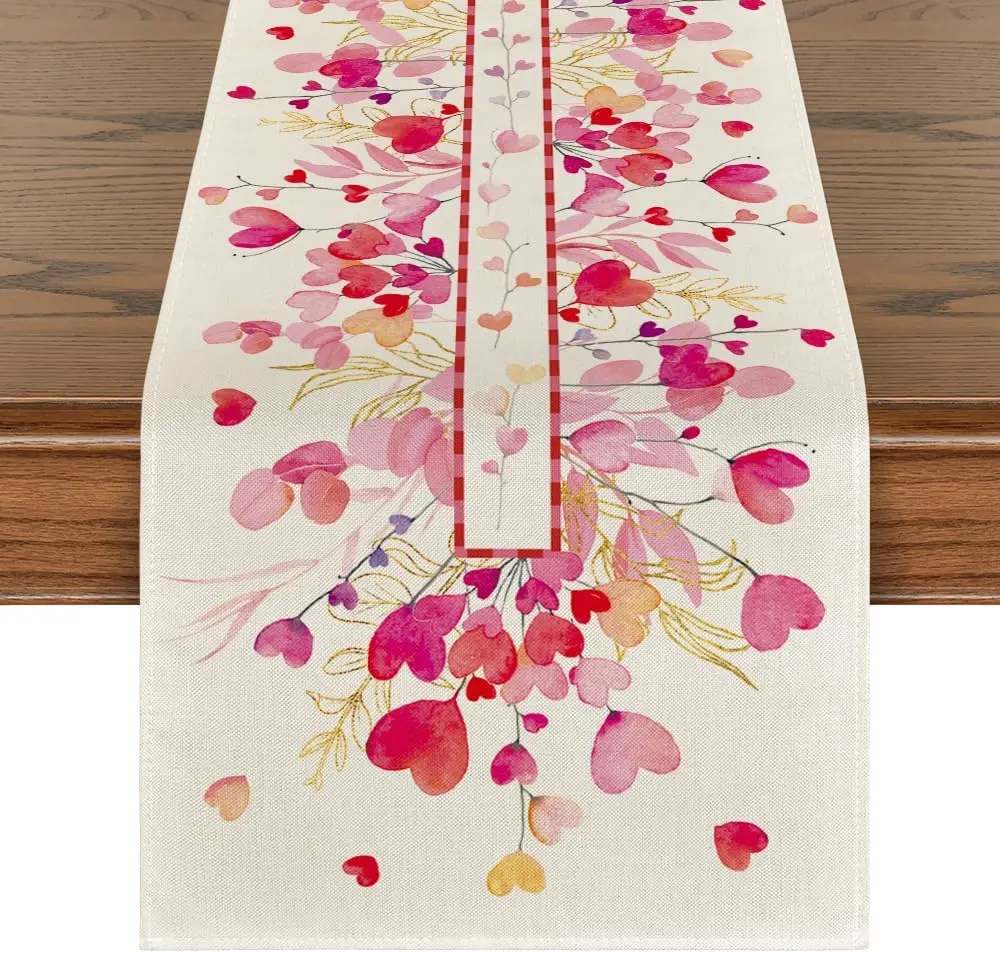 Valentine's Day Red Pink Heart Branch Linen Table Runner Party Decor Reusable Kitchen Dining Table Runner Wedding Decorations