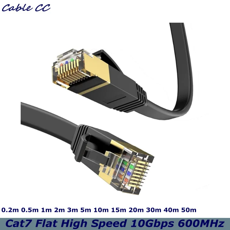 Cat7 Flat High Speed 10Gbps 600MHz Shielded Internet Network Patch Black Cord, Ultra Slim RJ45 LAN Cable，for PS5, Modem, Router