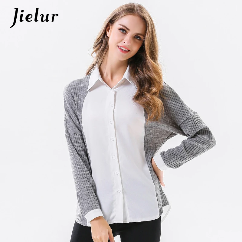 Europe Chic Spring Autumn Women's Shirt Gray and White Spell Color Knitted Splicing Top Female Casual Long Sleeve Blouse