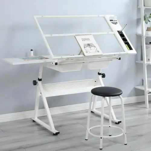 Adjustable Tempered Glass Drafting Printing Table with Chair (White)