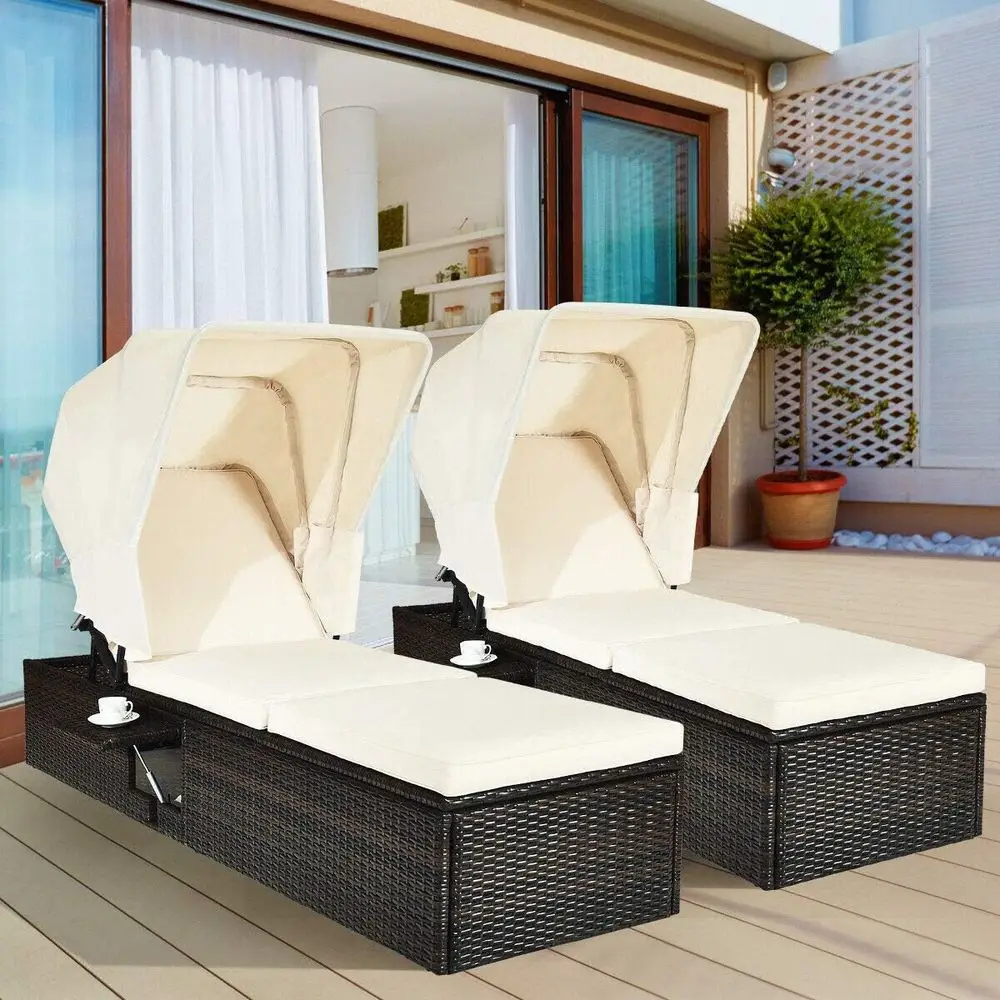 

Folding Canopy Outdoor Lounge Chair with Cushioned Recline and Flip-up Table, Rattan Design for Beach, Pool, Backyard, or Balcon
