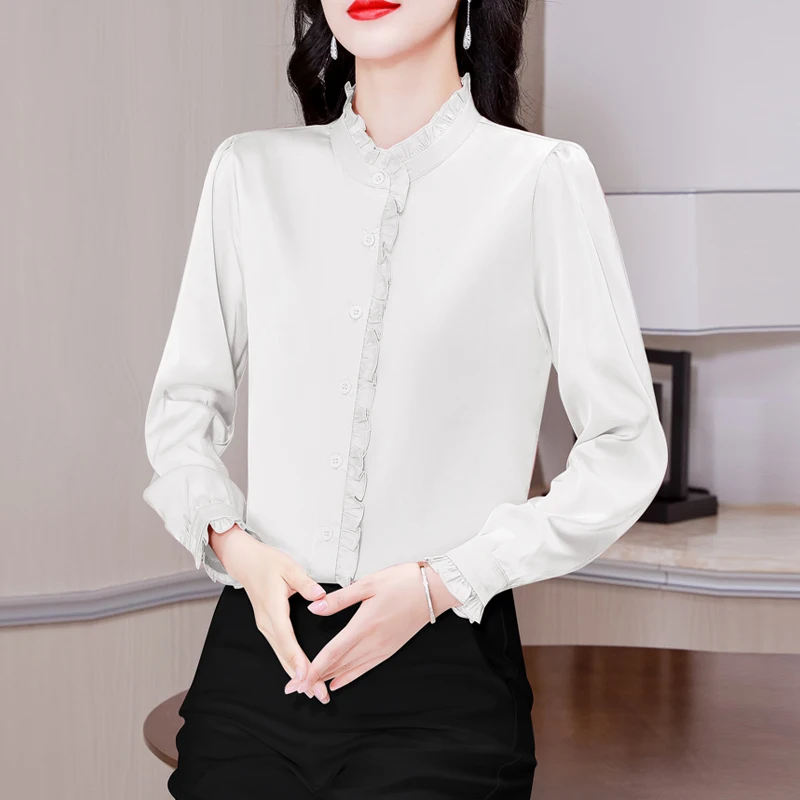 Camicie in raso a maniche lunghe con volant stile cinese Donna Office Lady Camicette solide Top basic Blusas Mujer De Moda 2025