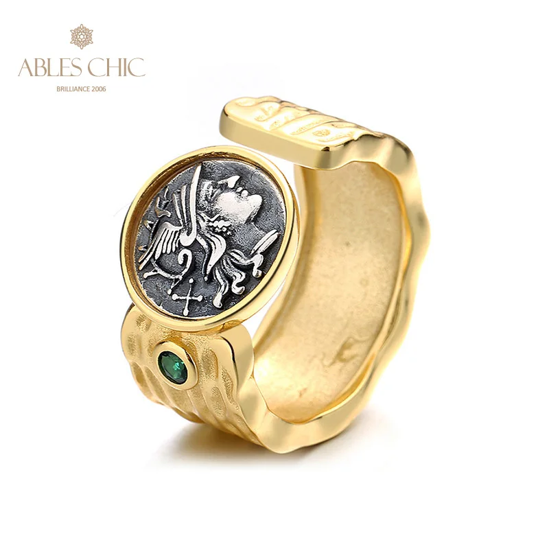 

Greek Goddess Silver Coins CZ Accent 18K Gold Two Tone Solid 925 Silver Roman Coin Open Ring R1004