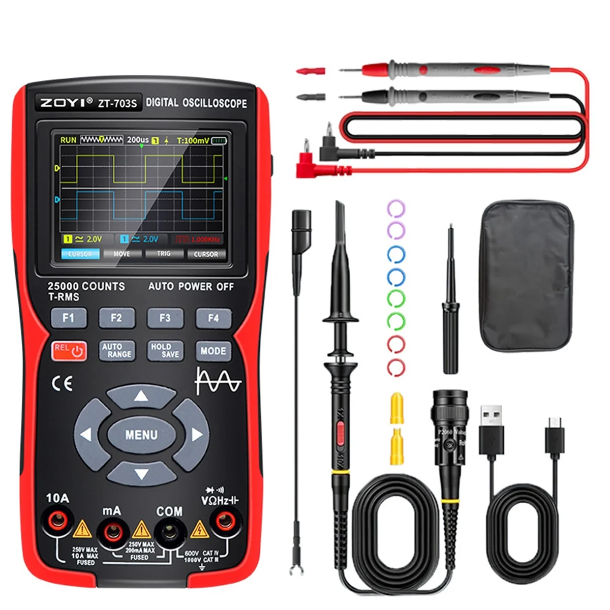 ZT703S 3in1 Digital Oscilloscope Multimeter 50MHz 280MS Rate PC Waveform Data Storage Dual Oscilloscope Generator A