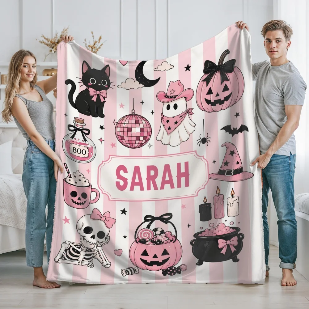 Halloween Customized Name Fleece Blanket Girly Pink Striped Cat Skull Disco Ball Witch Graphic Soft Warm Holiday Gift Blanket