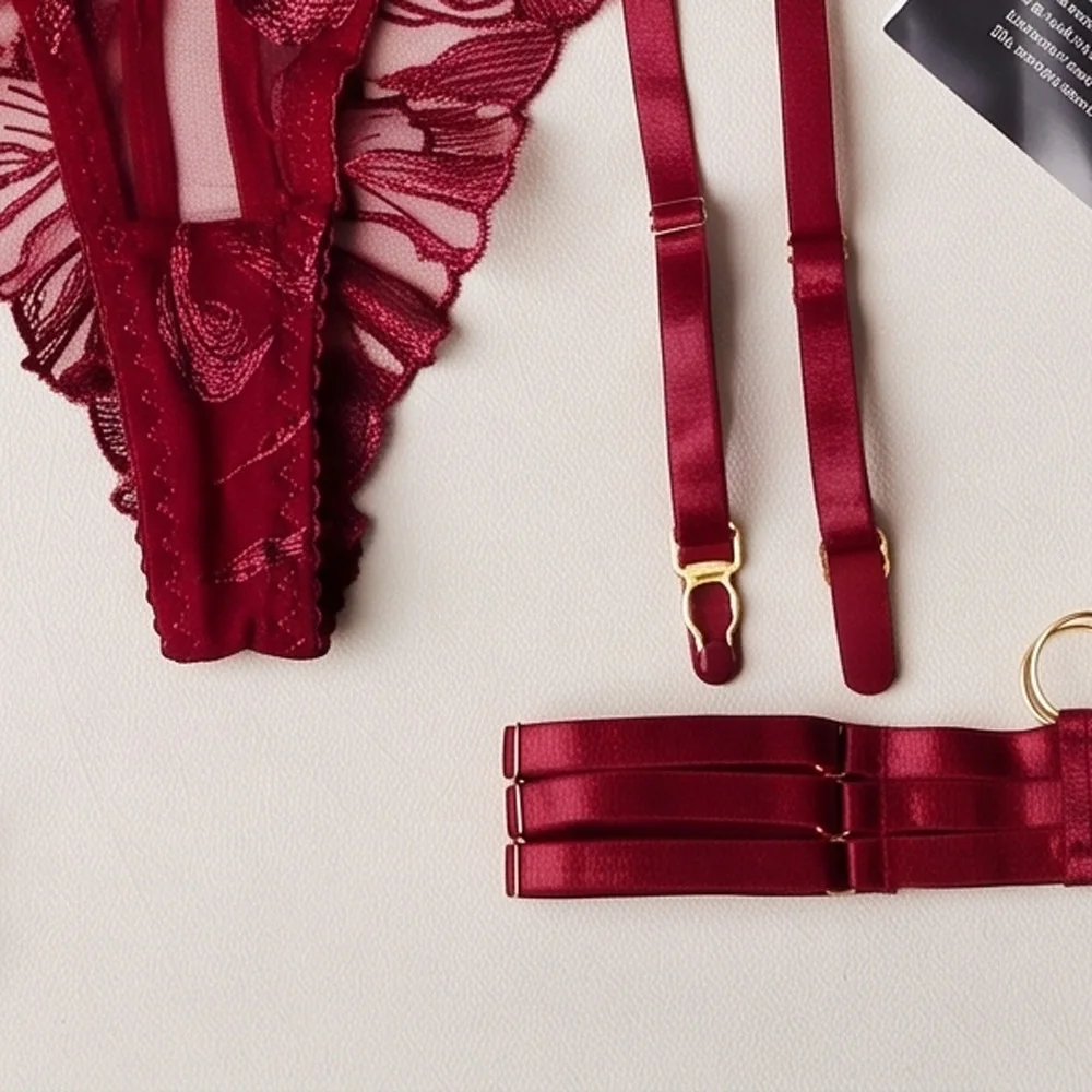Conjunto de Lencería Femenina Toucheart con Bordado Floral, Sujetador Push-Up de Encaje, Liguero, Faja Reductora, Tanga, Guantes, Ropa Interior Sexy y Atractiva