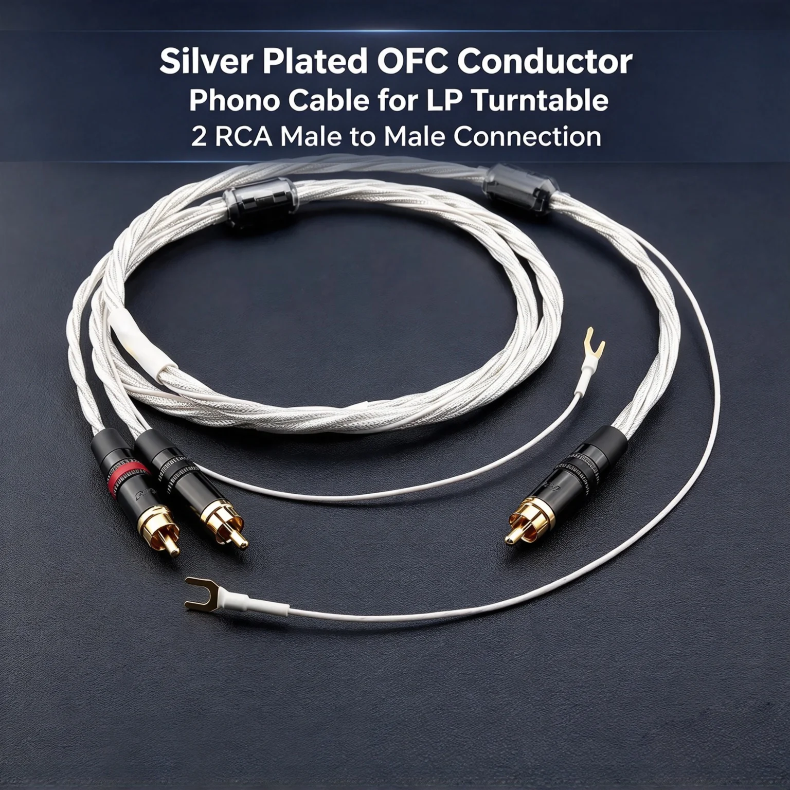 Silver Plated Phono Cable 2 RCA Male to Male Dual Ground Gold Spade Connector OFC Audio Cable for Hi-Fi Stereo Sound