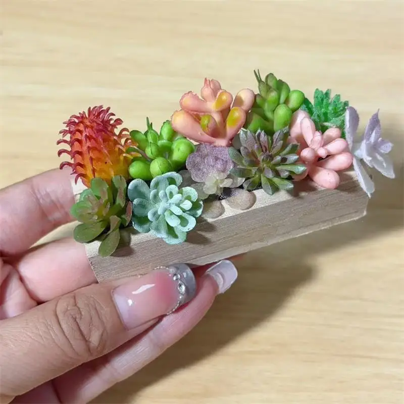 Random One Dollhouse Miniature Succulent Wooden Trough Green Plant Pot Model Micro Landscape Decor Ornaments Pretend Play Toys