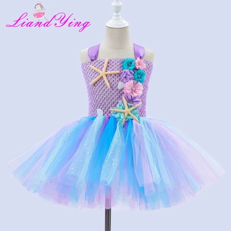 Girls Mermaid Tutu Dress Under the Sea Theme Birthday Party Carnival Costumes with Flower Headband Ocean Halloween Dresses 1-12Y