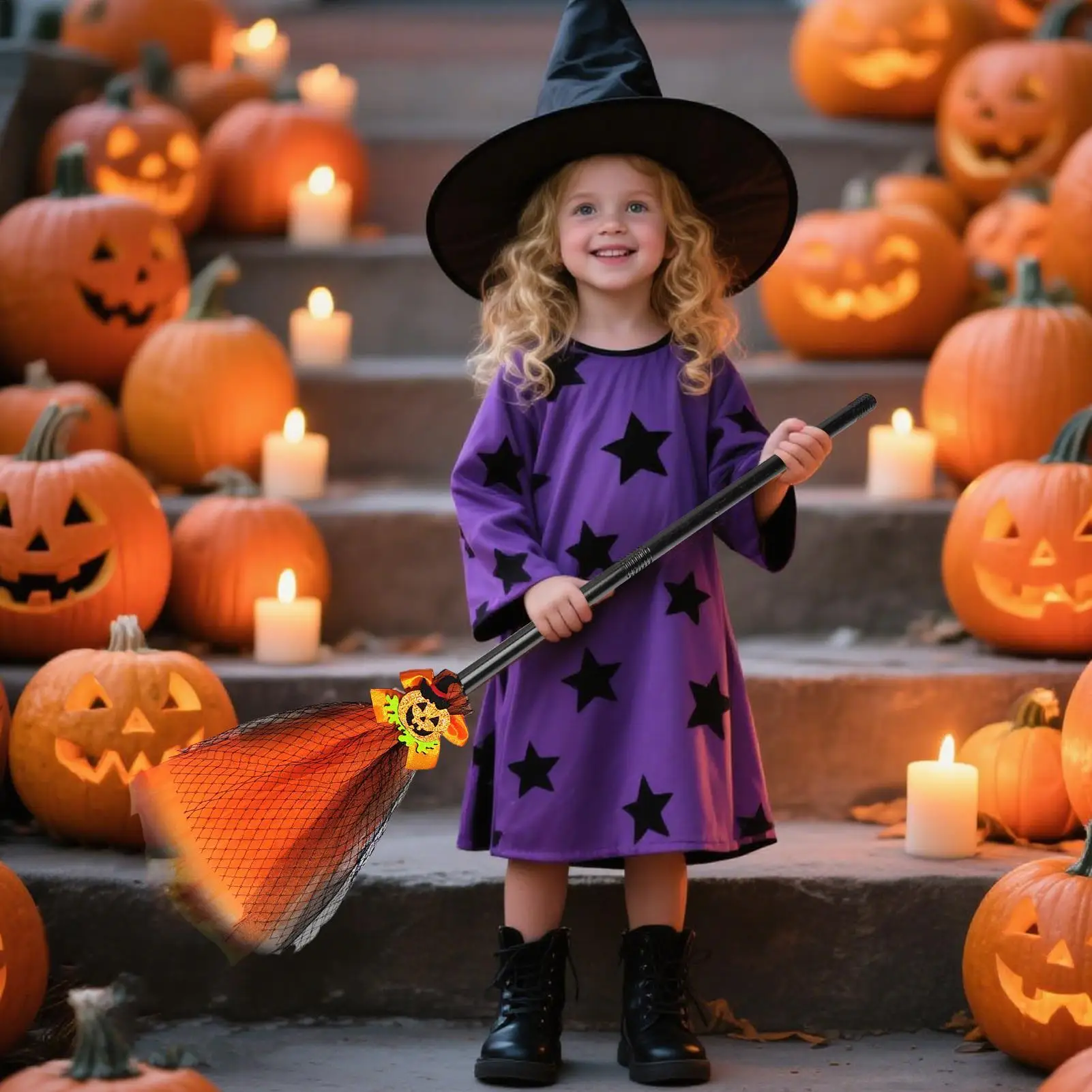 Kids Witch Broom Halloween Costume Toy Broom Cosplay Prop Pretend Play Accessory Trick or Treat Children Festival Performance