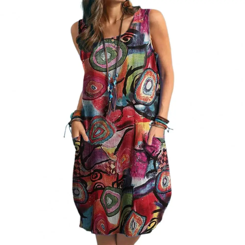 

Summer Loose Dress Graffiti Print Women's Midi Dress with Pockets Bohemian Sleeveless Dress