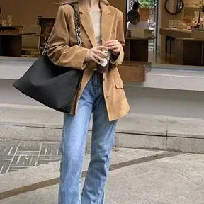 Office Lady Blazer Coat 2023 Autumn Fashion Brown Single Breasted Suede Female Jackets Long Sleeve Turn-down Collar Lady Outwear