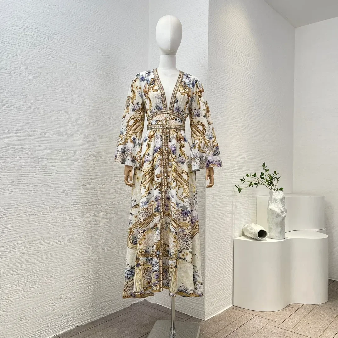 Elegant Vintage New 2024 Silk Golden Floral Print Long Sleeve Diamonds Women Midi Dress