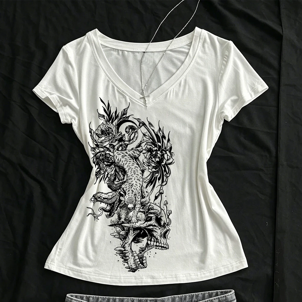 Gothic clothing T-shirt women's top 2000s Y2k top exposed navel top women's aesthetic women's V-neck 90s retro clothing Emo