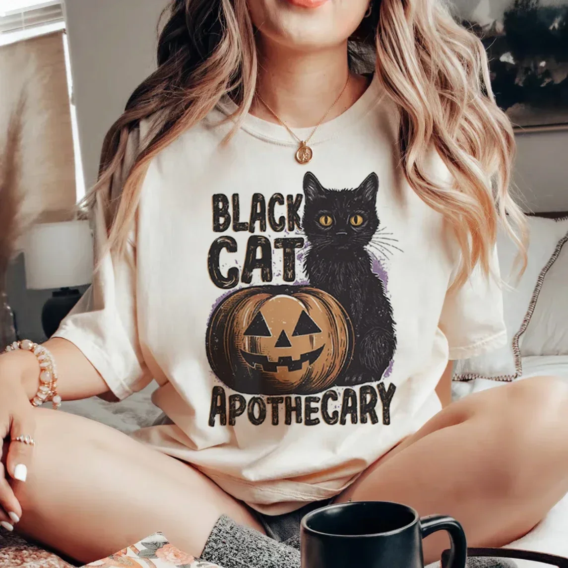 Czarny kot Apochary Print Trend Wszechstronny 90s Krótki rękaw Cartoon Print Pattern Basic Style Plus Size Halloween Top T-Shirt