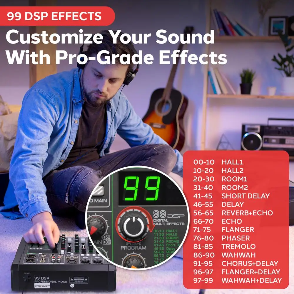 خلاط صوت ذو 6 قنوات، وحدة تحكم DJ ستوديو بلوتوث، تأثيرات رقمية، واجهة USB، متوافق مع MP3، مدخلات XLR