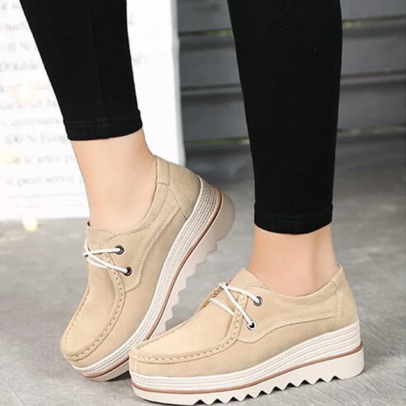 2020 Autumn Women Flats Thick Soled Leather Suede Platform Sneakers Shoes Female Casual Shoes Lace Up Flats Creepers