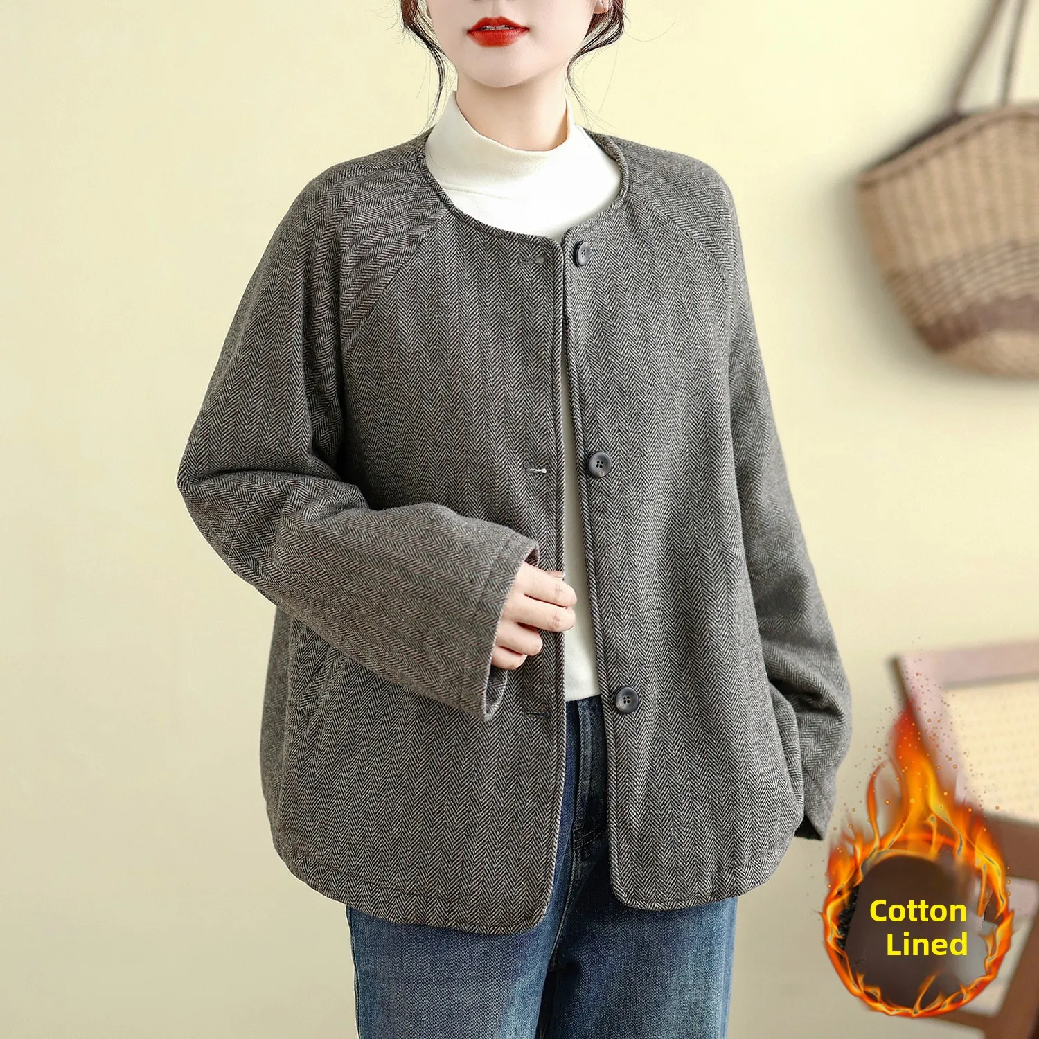 

Retro Cotton Jacket Women's Loose Casual round Neck Short Cotton Coat Winter New Style Comfortable Fashionable Top