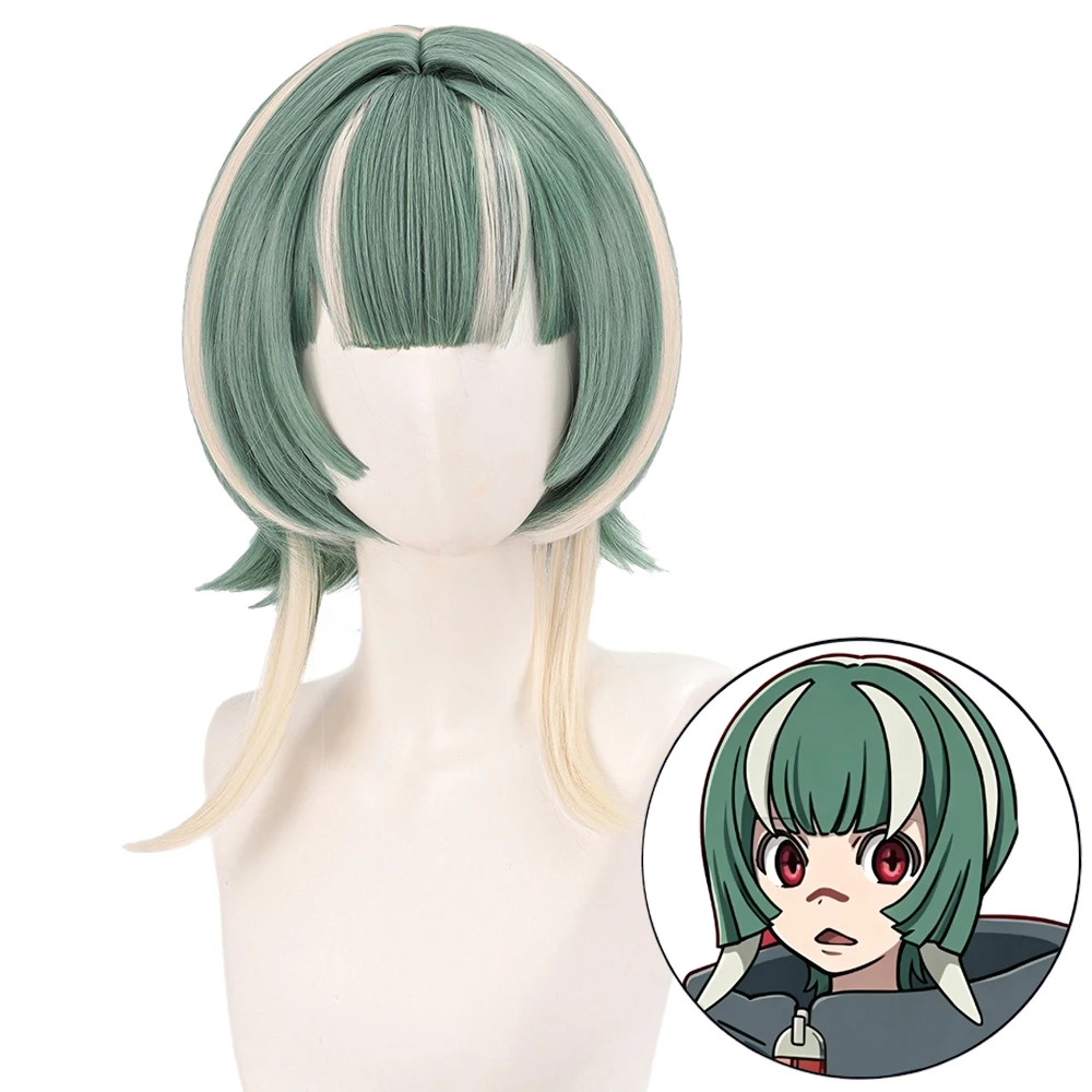 Anime Guita Hebby Fantasia Cosplay Wig Green and White Layered Synthetic Heat Resistant  Wig with Bangs for Halloween Party 35cm