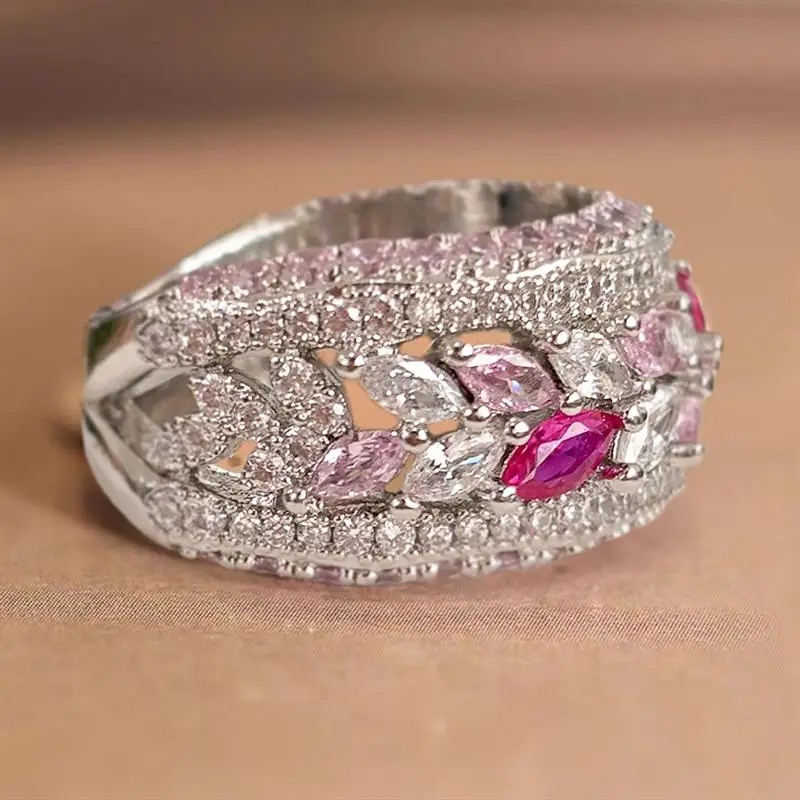 Huitan Anmutiger silberfarbener Damenring, ästhetischer Hochzeits- und Verlobungsring mit Marquise-Form, mehrere Farben, CZ, trendiges Accessoires-Schmuckstück – Detail 5